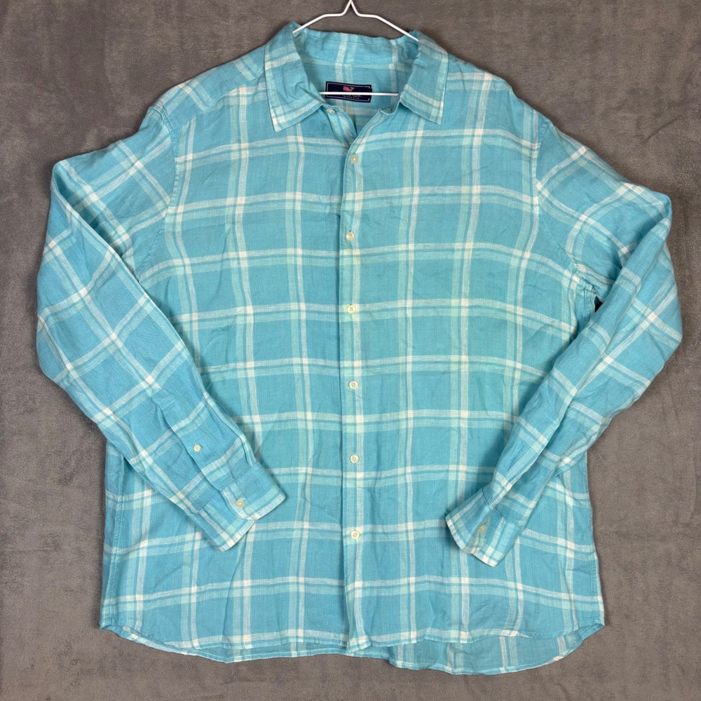 Vineyard Vines Mens XL Linen Button Down Shirt Turquoise White Plaid Long Sleeve